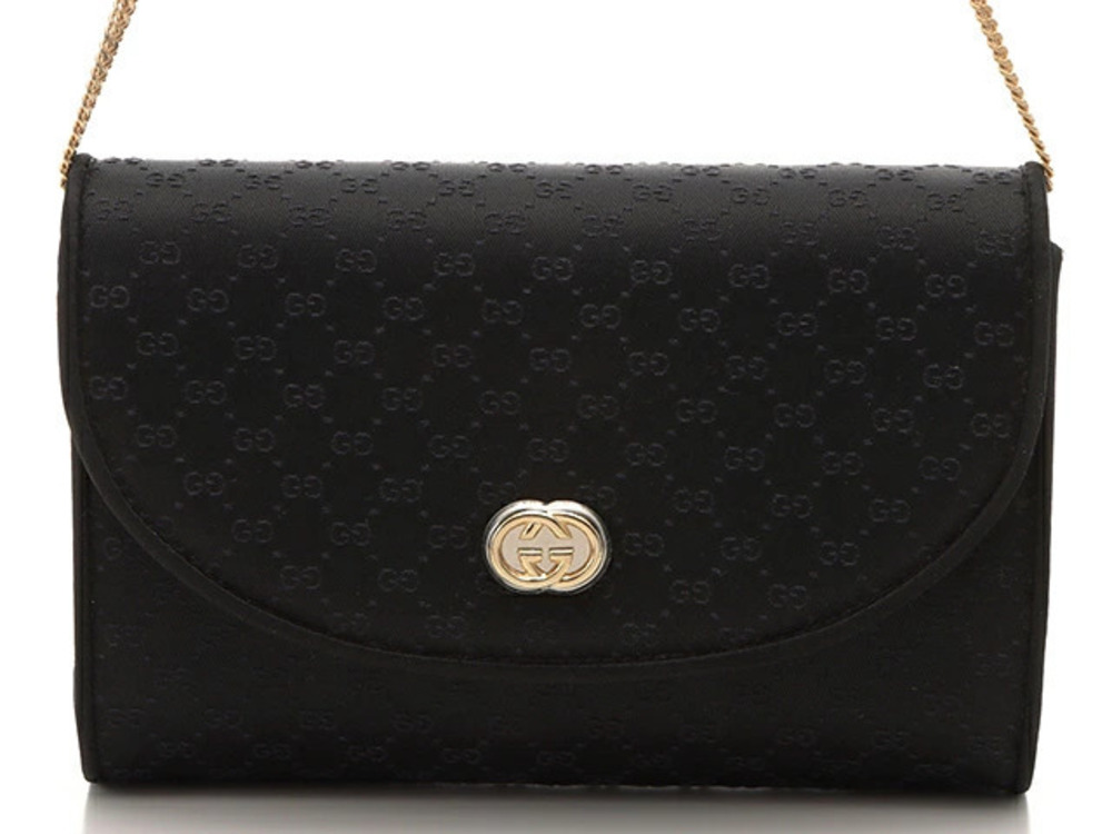 Gucci black satin GG chain shoulder bag rounded flap interlocking GG